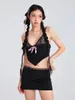 Jupes Femmes Jupe Ensemble Bow Camisole avec dentelle Patchwork Mini Moulante Tenue d'été pour Party Club