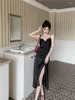 Casual Dresses Satin Silky Summer Midi Long Dress With Slit Strap Bodycon Women Black Korean Clothes Y2k Party Club Sexy Ladies Elegant