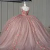 Różowy brokat kryształowa cekinowa suknia balowa quinceanera sukienki z aplikacji na ramię koronkowe koraliki gorset vestidos de 15 anos