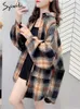 Kvinnors blusar skjortor Syiwidii ​​Wool Shirts For Women Autumn Winter 2023 New Fashion Vintage Loose Blue Casual Turn Down Collar Plaid Coats YQ231214