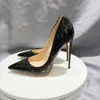 Sapatos de vestido preto jacaré couro salto alto stilettos 10cmhigh deslizamento na festa mulheres boca rasa apontada