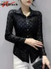 Kvinnors blusar skjortor Madblack Spring Hot Drill Shirt Sexig Sheer Women Slow Down Collar Long Sles Button Black Tops Clubwear Shirts New T32521ZL231214