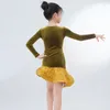 Stage Wear 2023 Green Velvet Latin Dance Costume Girls ChaCha Rumba Modern Clothing Practice Bodysuit Skirt Dancewear VDB7826