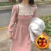 Casual Dresses 2023 Women Elegant Winter Thick Warm Lace Long Sleeve Dress Female Corduroy Pink Party Lady High Waist