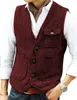 Gilets pour hommes 2023 Gilet Bourgogne Laine Tweed Col V Simple Boutonnage Rétro Outillage Mâle Gentleman Costume D'affaires Gilet Pour Mariage