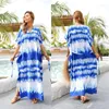 Lässige Kleider Frauen Blau Weiß Tie-Dye-Druck Türkischer Kaftan Sexy V-Ausschnitt Split Maxi Langes Strandkleid Lose Bikini-Badeanzug-Vertuschung mit