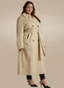 Женские тренчи больших размеров, пальто цвета хаки, двубортное, на шнуровке, с длинной талией, 4XL, 5XL