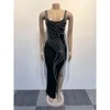 Vestidos casuais split apertado estiramento cintura alta sexy y2k bodycon vestido de festa mulheres strass sem mangas bainha midi