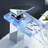 Bathroom Sink Faucets LED Basin Faucet And Cold Brass Waterfall Temperature Colors Change Tap Deck Mounted Glass