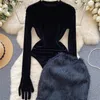 Kvinnor S Sleepwear Singreiny 2023 Autumn Long Sleeves Bodysuit O Neck Open Crotch Velvet Slim Playsuits+Plush Sexy Mini kjol kostymer 231213