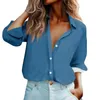 Kadın Tişörtleri Düz Renk Gömlek Düğmesi Aşağı Uzun Kollu Yaka Tee Üstler Bahar Sonbahar Günlük Gevşek Normal Tees Ropa De Mujer