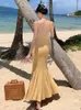 Casual Dresses Summer Black Backless Mermaid Slip Dress Women Yellow Sexy Club Slim BodyCon Wrap Hip Elegant Gown Party Long Sundress