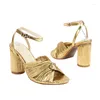 Sandals Extra Big Size 47 48 49 50 Gold Pleated Fabric Twisted Knot Open Toe Party Dress Lady Round High Heels Shoes Buckle Sexy