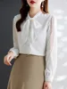 Women's Blouses Solid Women Shirt Zipper Decoration Transparent Sleeve Sexy Office Lady Formal Elegant Bow Tie Neck Pearl Buttons Designer