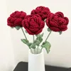 Decorative Flowers Knitting Artificial Roses Handmade Red Rose Single Bouquet Fake Floral For 2024 Valentine's Wedding Party Favor Supplies