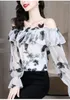 Blusas femininas 2023 primavera verão borboleta bordado um ombro chiffon camisa renda babados elegante sexy impresso blusa feminina