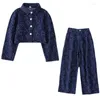 Set di abbigliamento Denim Abbigliamento per bambini Bambini Tuta sportiva casual Jeans blu solidi Top Pantaloni Outfit Giacca per adolescenti con stampa di cuori di tendenza primaverile