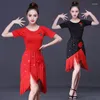 Stage Wear Square Dance Shirt 2 Piece Girl Costume Suit Summer Latin Skirt Fringe Short Sleeve Performance Training Rumba 3D Flower Red