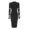 カジュアルドレス女性のための贅沢パーティークリスタル包帯の黒いミディドレスイブニングドレス秋の冬の黒スリーブグローブ