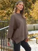 Suéteres de mujer Cuello redondo Batwing Manga larga Jersey 2023 Otoño de gran tamaño Acanalado Punto Abertura lateral Tops