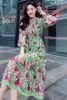 Casual Jurken Top Kwaliteit 2024 Lente Zomer Jurk Vrouwen Charmante Bloemenprint Kant Borduren Lange Mouw Halverwege De Kuit Groen Roze XL