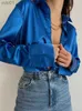 Women's Blouses Shirts Satin Long Sle Blouses Women Tops 2023 Vintage Blue Green Silk Shirt Casual Loose Button Up Fe Shirts Fashion Tops 18913L231214