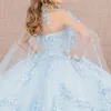 Céu azul luxo vestido de baile quinceanera vestidos com capa contas lantejoulas rendas apliques flor vestidos de 15 anos aniversário