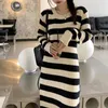 Casual Kleider Deeptown Koreanische Stil Chic Gestreiften Strickkleid Frauen Elegante Vintage Einteilige Langarm Midi Vestidos Winter