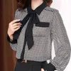 Women's Blouses Shirts New Frenulum Bow Tie Houndstooth Office Lady Career Shirt Chiffon Summer Women Oversized Loose L-6XL All-match Fashion Blouse YQ231214