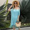 Feestjurken 2024 Zomer Kwastje Solid Hollow Out Knit Losse Sexy Bikini Cover Jurk Vrouwen Gewaad Korte Mouw Boho Strand outfits Dragen