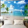 Tapisserier Vackra Sea Beach Blue Sky Landscape Tapestry Polyester väggduk Konst Hanging Wave Theme Dekorationer 231213