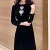 Casual Dresses French Black Velvet Hollow Out Diamond Dress Female Long Sleeve Elegant Fashion Vintage Dinner Party Sexy Women Vestidos