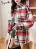 Kvinnors blusar skjortor Syiwidii ​​förtjockas ulltröjor för kvinnor Autumn Winter 2023 New Fashion Plaid Loose Button Up Shirts Vintage Long Sleeve Chic Tops YQ231214