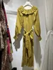Casual Dresses Women Yellow Flower Print Ruffles Collar Flare Long Sleeve Waist Lace-up Maxi Dress