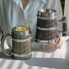 Mugs 2023 Viking Wood Style Beer Mug 3D Resin Stainless Steel Coffee Cup Wine Glass Metal Double Wall Jug Thermal
