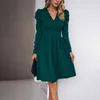 Casual Dresses Pleated Solid Long Sleeve High Waist A Line Skirt Loose Comfort Surplice V Neck Dress For Women Autumn Simple Party Gowns