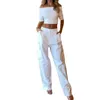 Dames tweedelige broek Fulkio Fashion Casual Set Solid Color 2023 Zomer Dames Off Shoulder Half Sleeve Top Pocket Workwear