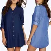 Blouses Femmes Vintage surdimensionné Jeans Blouse femmes 2023 automne mode col rabattu à manches longues Denim chemise robe dames décontracté en vrac