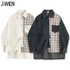 Women's Blouses Shirts Awen Corduroy Splicing Plaid Shirt for Women Man Fashion Oversized Loose Cardigan Soft Corduroy Korean Lattice Blouse Jacket Top YQ231214