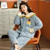 Vrouwen Nachtkleding 2024 Koraal Fluwelen Pyjama Herfst Winter Drielaags Gewatteerde Pluche Meisjes Warme Flanel Loungewear Set Met Capuchon