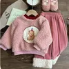 Clothing Sets Winter Plush Children s Girls Wool Sweater Set Thick Baby Lamb Long Pants Two piece 231214