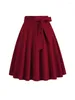 Saias Retro Vintage Midi Saia Longa Mulheres Sólidas Elegantes Cintura Alta Uma Linha 50s Swing Hepburn Estilo Lace Up Preto Vermelho Rosa Faldas