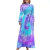 Casual jurken Tie Dye Swirl-jurk Hoge taille Blauw Paars Grafisch Boho Strand Lange mouwen Street Style Maxi Elegant vestido