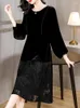 カジュアルドレスブラックベルベットパッチワーク刺繍フォーラルメスの服