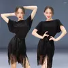 Palco desgaste preto vestido de dança latina feminino adulto emagrecimento solto treinamento de manga curta de alta qualidade saia de franja de uma peça