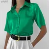 Women's Blouses Shirts Satin Women's Shirt Collar Office Lady blouse Vintage Blue Green Silk Shirt Loose Button Up Down Shirts Black Fashion TopsL231214