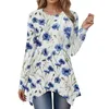 Kvinnors T -skjortor Autumn Tops Fashion Round Neck Plant Floral Printed Mönster Topp Chic Asymmetrical Design Pullover Blusas Para Mujer