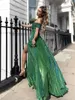 Casual Jurken Vrouwen Sparkly Prom Blauw Groen Off Schouder Hoge Split Sexy Formele Gelegenheid Elegante Maxi Avondfeest Jurk