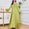 Casual Dresses Beaded Flower Embroidery Long Dress Elegance Sleeve Round Neck Satin Maxi Loose Lace Up Luxury Moslin Vestidos 2024