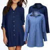 Blusas de mujer Vintage de gran tamaño Jeans blusa mujer 2023 otoño moda cuello vuelto manga larga Denim camisa vestido señoras Casual suelta